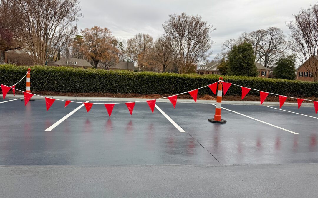 Red flags hang over a freshly paved commercial parking lot