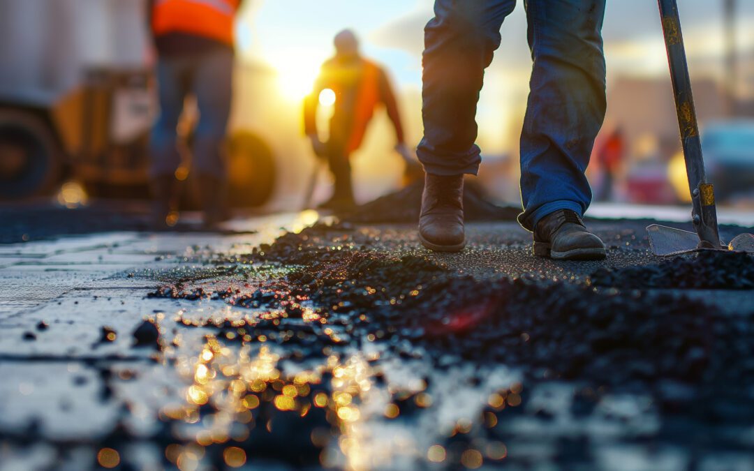 Close-up of road workers doing asphalt paving work at sunset with focus on the hot, steaming asphalt and tools